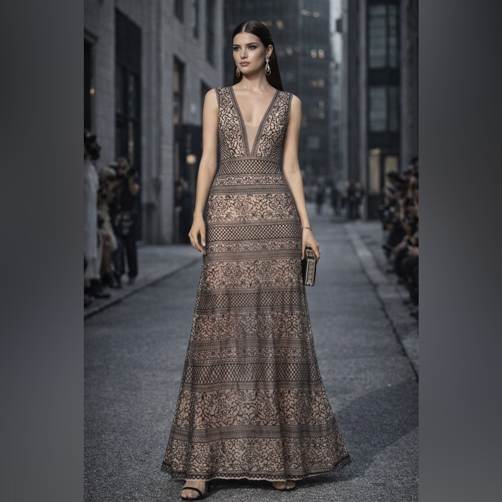 BCBGMaxAzria “Aurora” Embroidered Tulle Gown – Black & Beige – Size 0